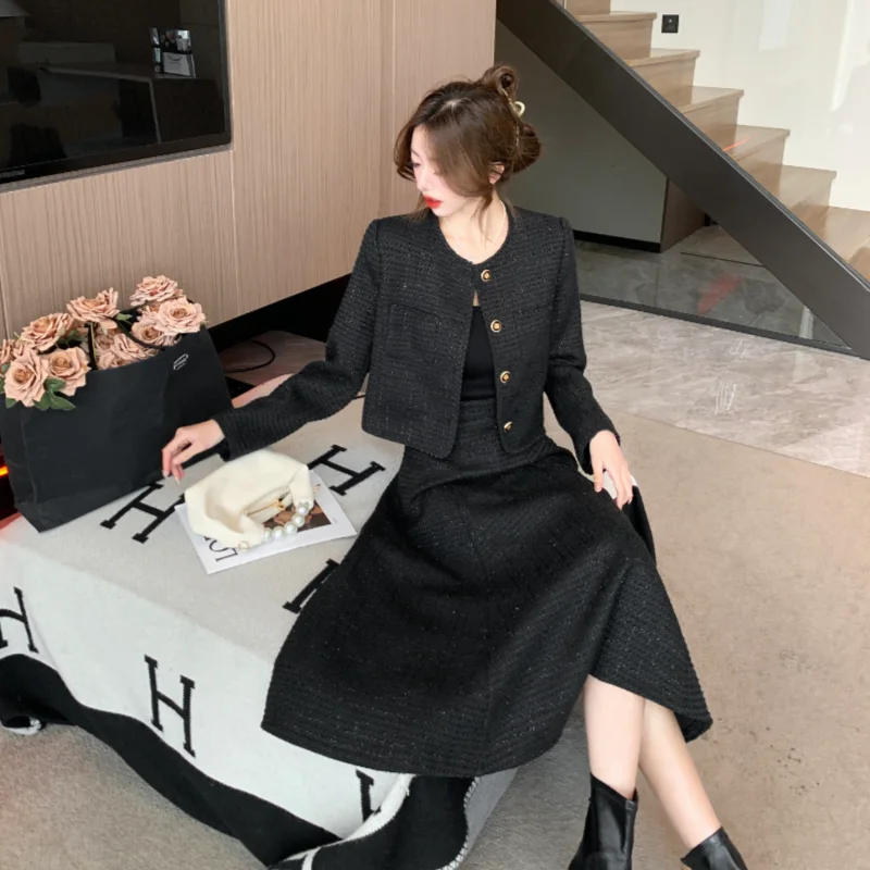 Senior New French 2Piece Set Women Tweed Solid Simple O-Neck Long Sleeve Jacket Coat+High Waist Skirt Suit Spring Autumn Clothes