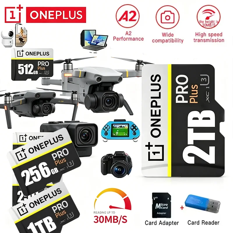 OnePlus 2027 2TB High-Speed SD Card 512GB 256GB V30 A2 4K Memory Card 1TB Micro TF SD Adapter Cross-Use for Cam iPhone Drone