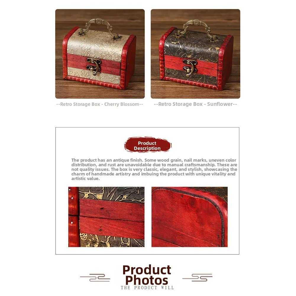 Red Antique Wooden Jewelry Box With Floral Pattern And Handle For Desktop Organizer Small Treasure Storage Home Decor
