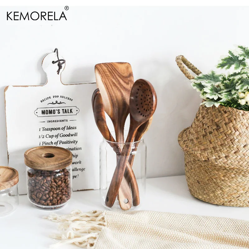 KEMORELA 1pc Teak Tableware Wooden Spoon Colander Spoon Special Nano Soup Skimming Cooking Spoon Cutlery Kitchen Accessory Tool