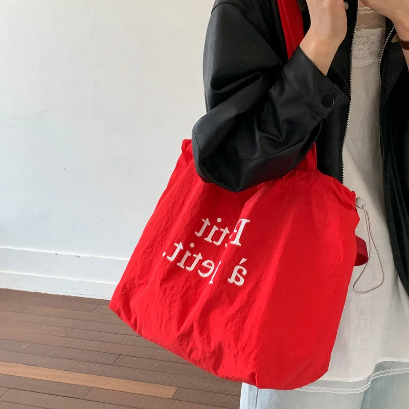 Korean Style Canvas Bucket Bag Women Casual Letter Print Tote Bag Single Shoulder Handbag Lazy Student Shopping Bag