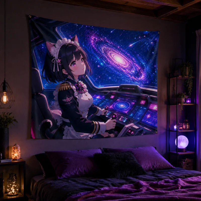VIKAMA Rock Stage Cat-Ear Maid Anime Tapestry, Neon-Style Wall Hanging, Punk Cat-Ear Girl Printed Tapestry, Home Decor