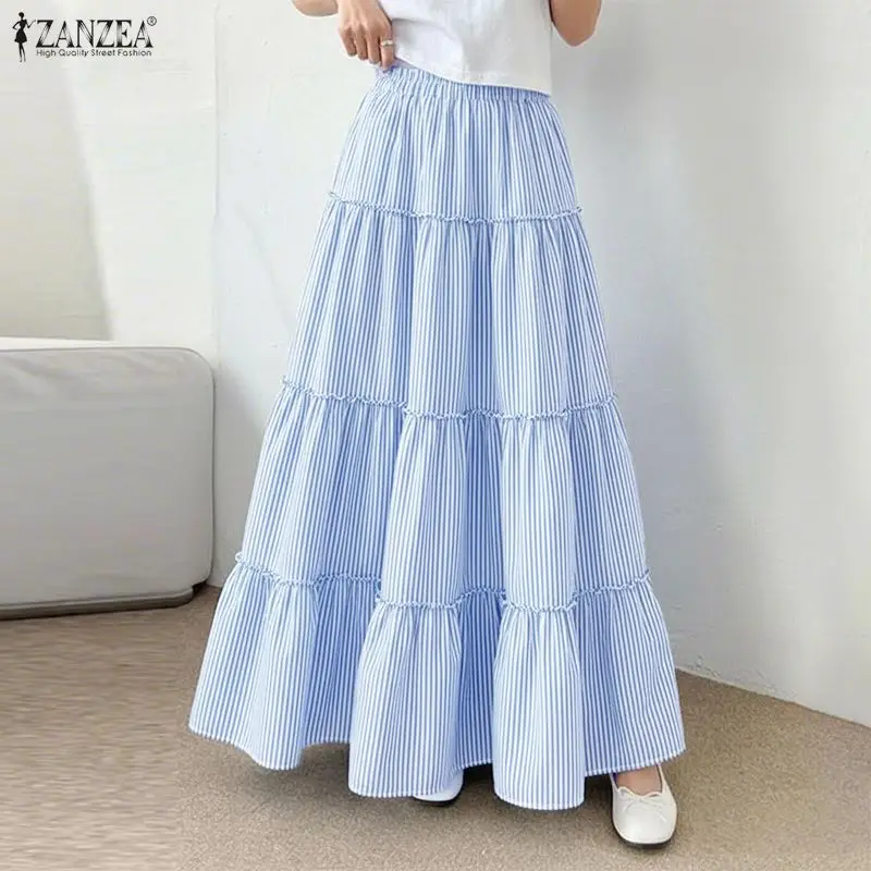 ZANZEA Women's Baggy Striped Long Skirts Elastic Waist Ruffles Trim Tiered Maxi Skirt Spring Summer Korean Casual Jupes Femme