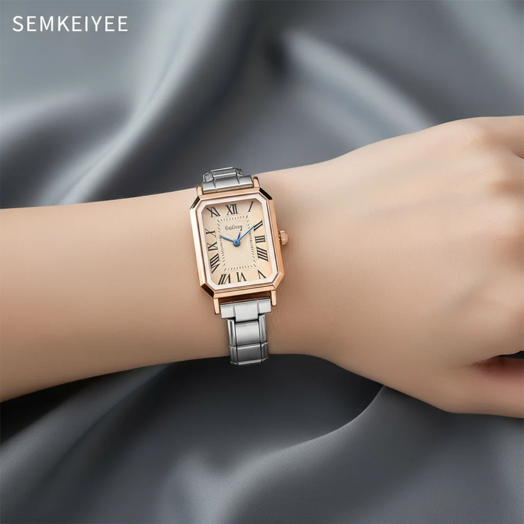 Элегантные женские прямоугольные часы с римскими цифрами, розовое золото и серебро, нержавеющая сталь, винтажный стиль и повседневные модные украшения