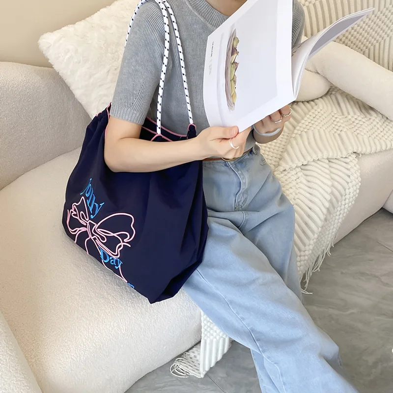 1 Piece Summer Bow Shoulder Bag for Girl Sweet Korean Fashion Tote Bag  Large Capacity Drawstring Embroidered Shopping Bag