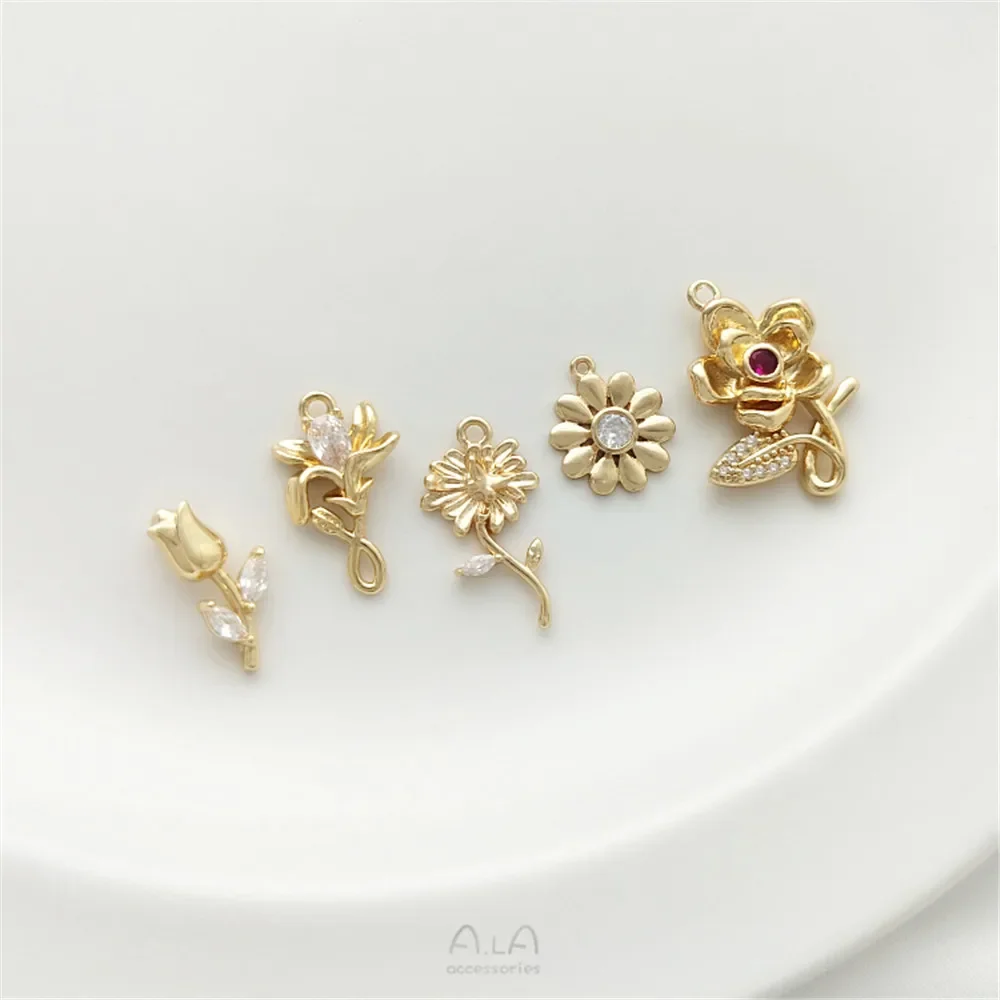 14K Pack Gold Color Preserving Zircon Small Daisy Tulip Rose Flower Pendant Handmade Earrings Bracelet Pendant