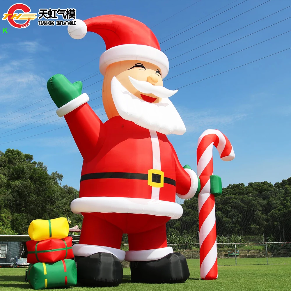 Outdoor Giant inflatable Christmas Santa Claus with Candy Crane Gift Boxes LED Lights for Xmas Festival Holiday Party Decoration