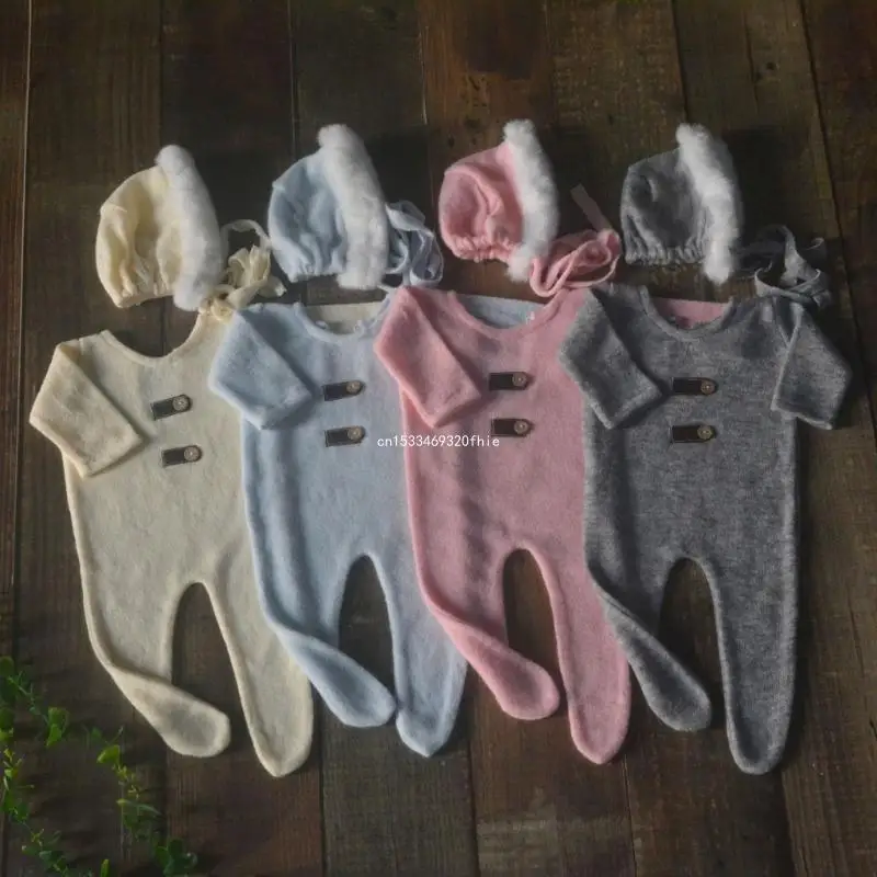 2pcs/set Newborn Photography Romper & Hat Set Soft & Breathable Infant Jumpsuit