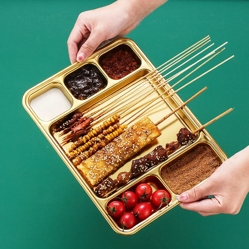 

Dinner Plates 304 Stainless Steel Grated Plate Barbecue Buffet Plate Grilled Tray Platter Snacks Children's Meals Divided Plates