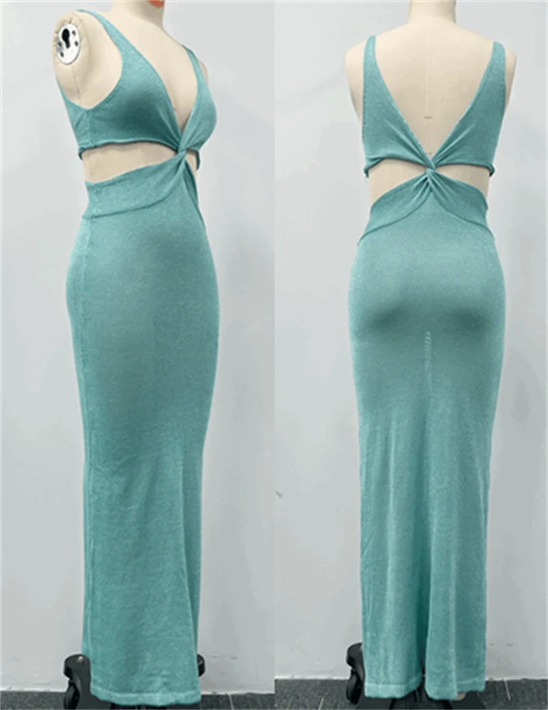 Women's Summer Deep V Neck Sleeveless Backless Long Knit Dress Cross-Cut out Swimsuit Beach Bikini Cover up Crochet Swimwear