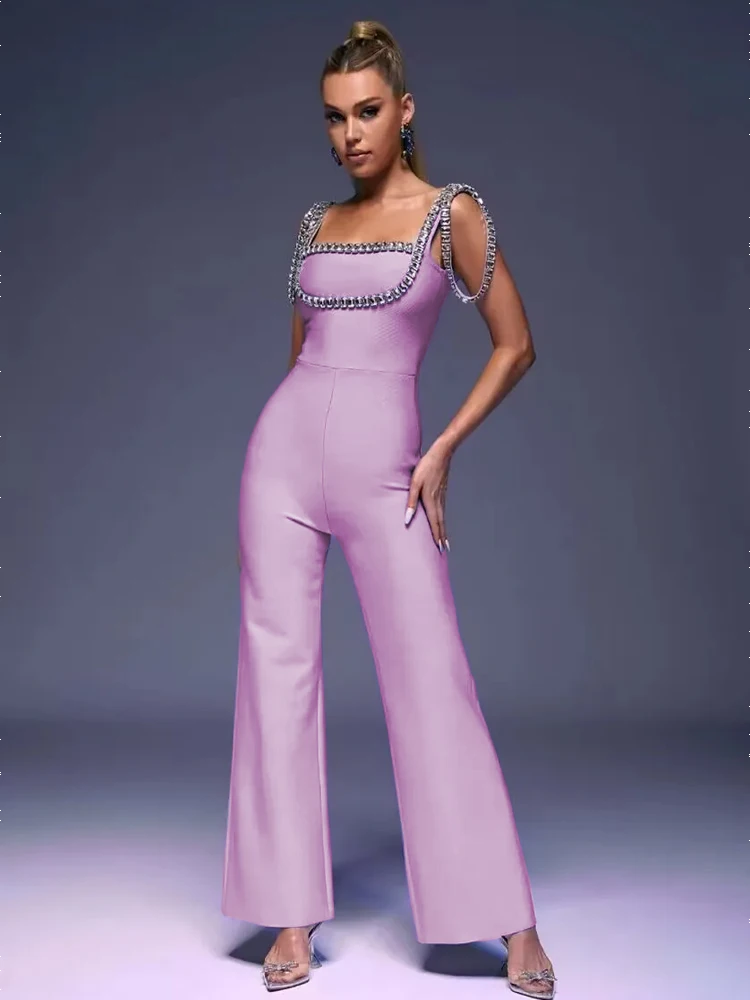 Women High Waist Light Purple Sleeveless Rhinestones Wide Leg Jumpsuit Bodycon New Fashion Celebrity Club Party Bandage Jumpsuit