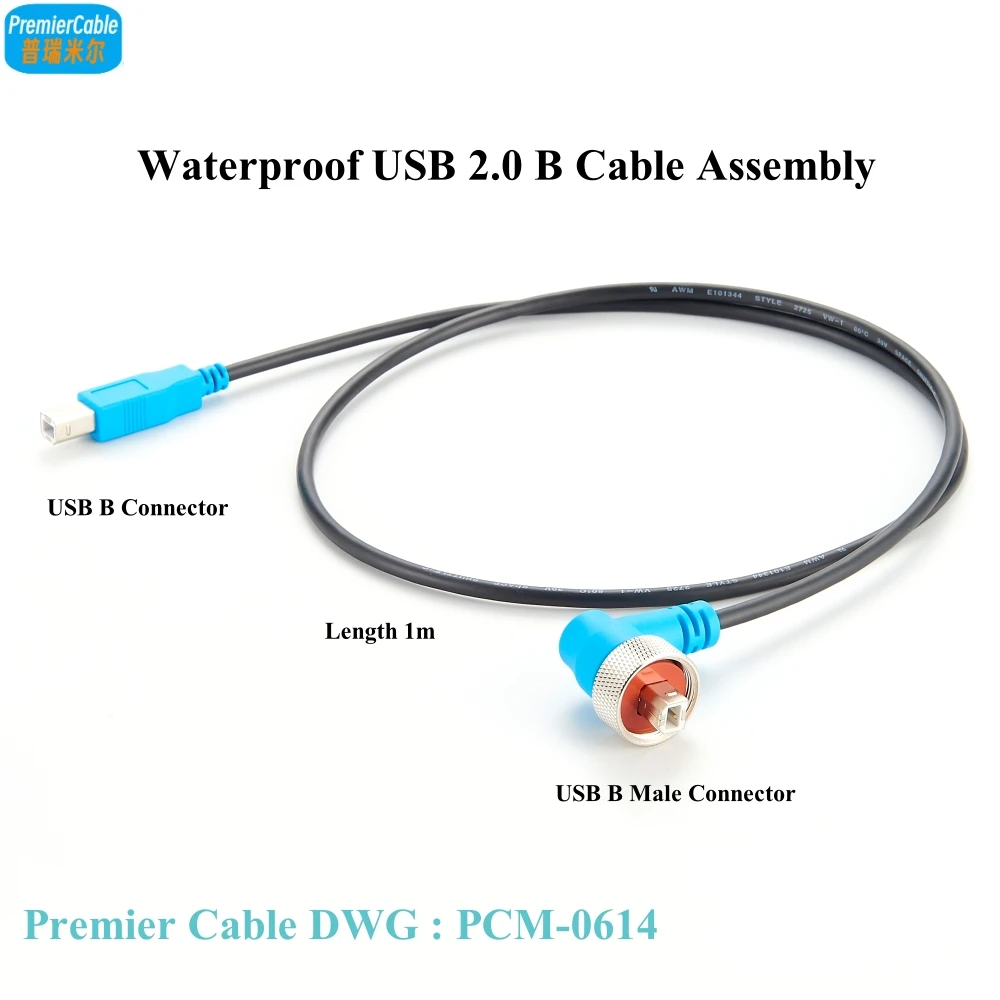 

Waterproof USB 2.0 B Cable Assembly Ruggdized IP67 B Male Plug to 90 Degree Elbow B Male Plug Extension Printer Cable for Car Tr