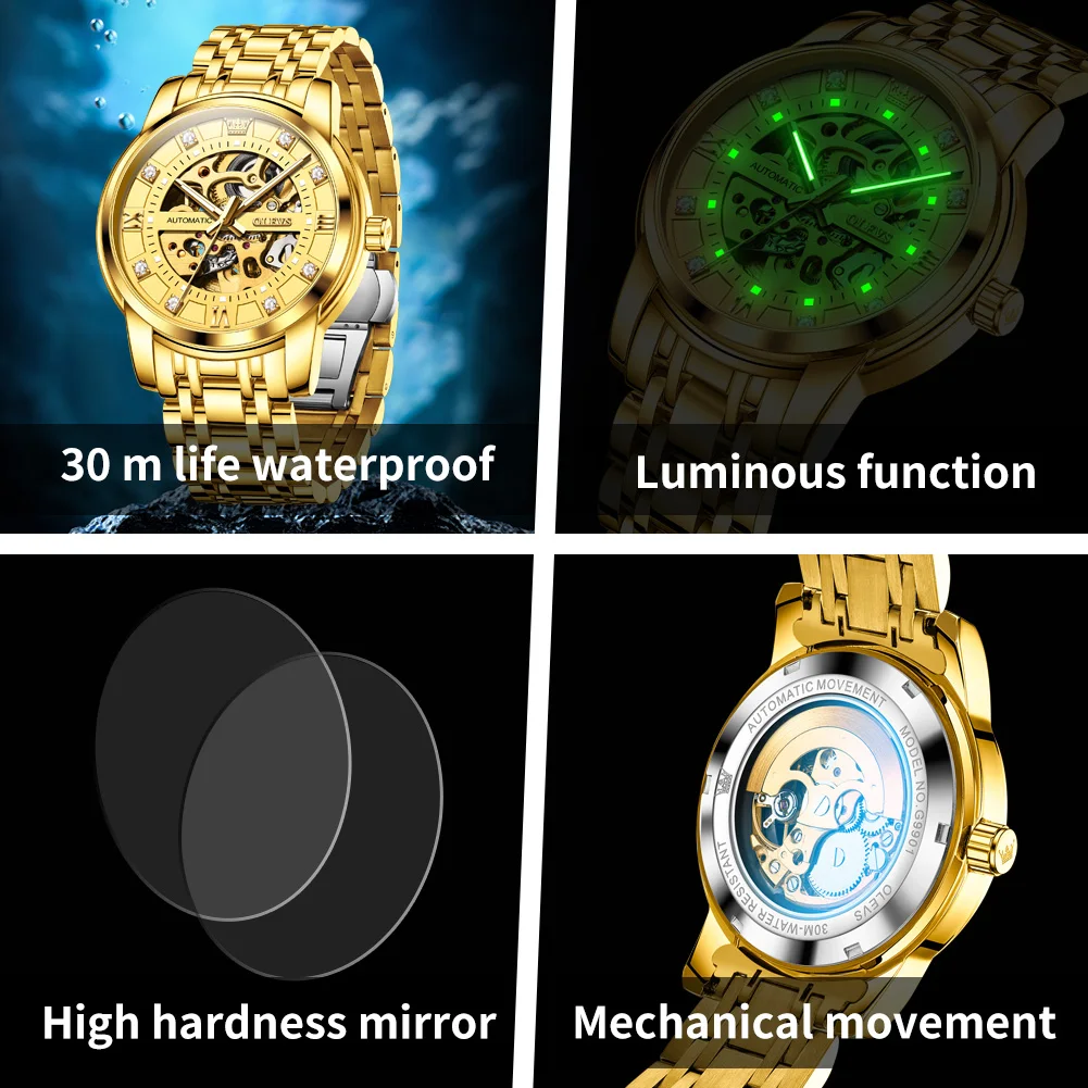 OLEVS 9901 Full Hollow Mechanical Watch for Men Stainless Steel Waterproof Luminous Skeleton Diamond Scale Automatic Wristwatch view 5