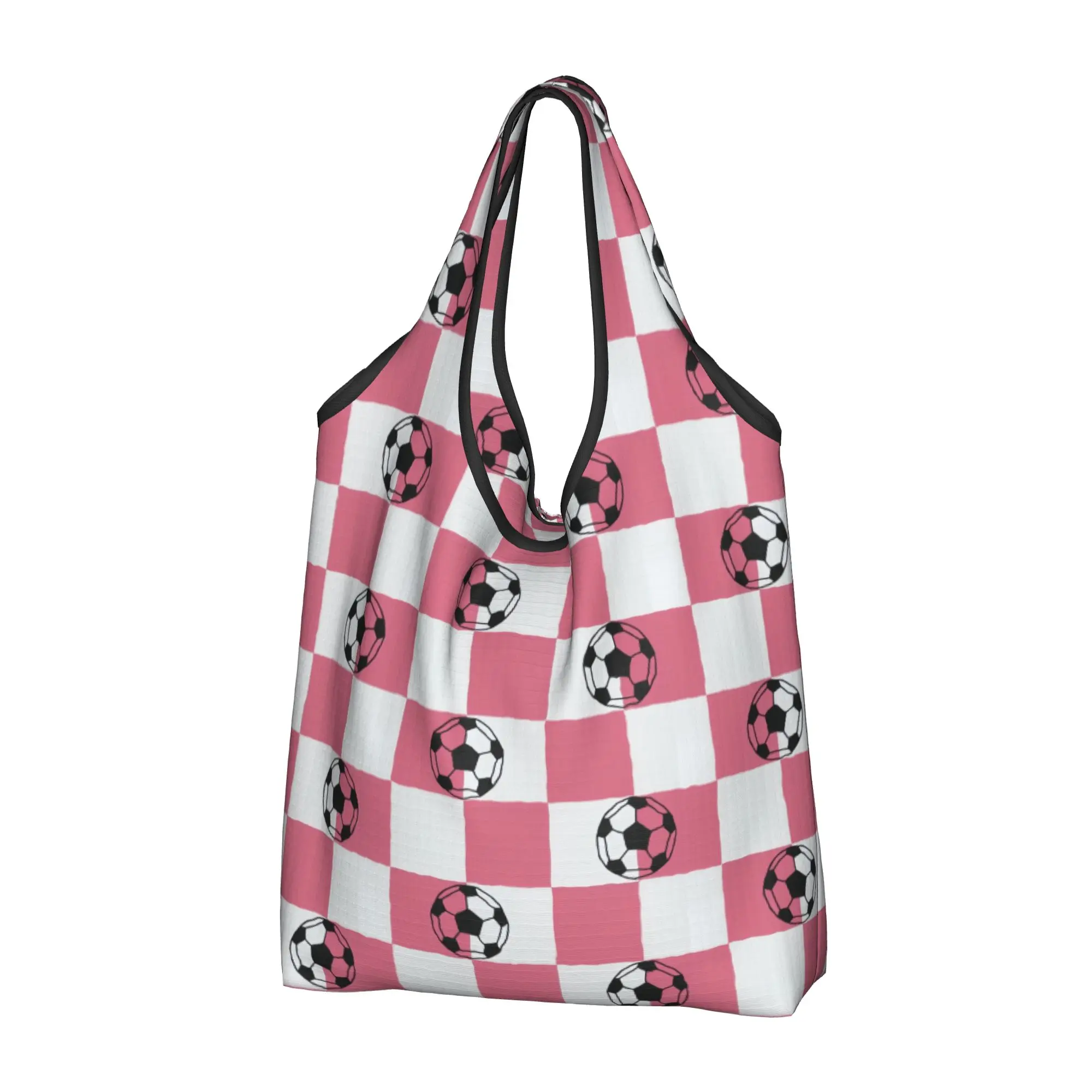 Checkered Plaid Soccer  Grocery Shopping Bag Kawaii Shopper Shoulder Tote Bag Large Capacity Footbally Light Pink  Handbag
