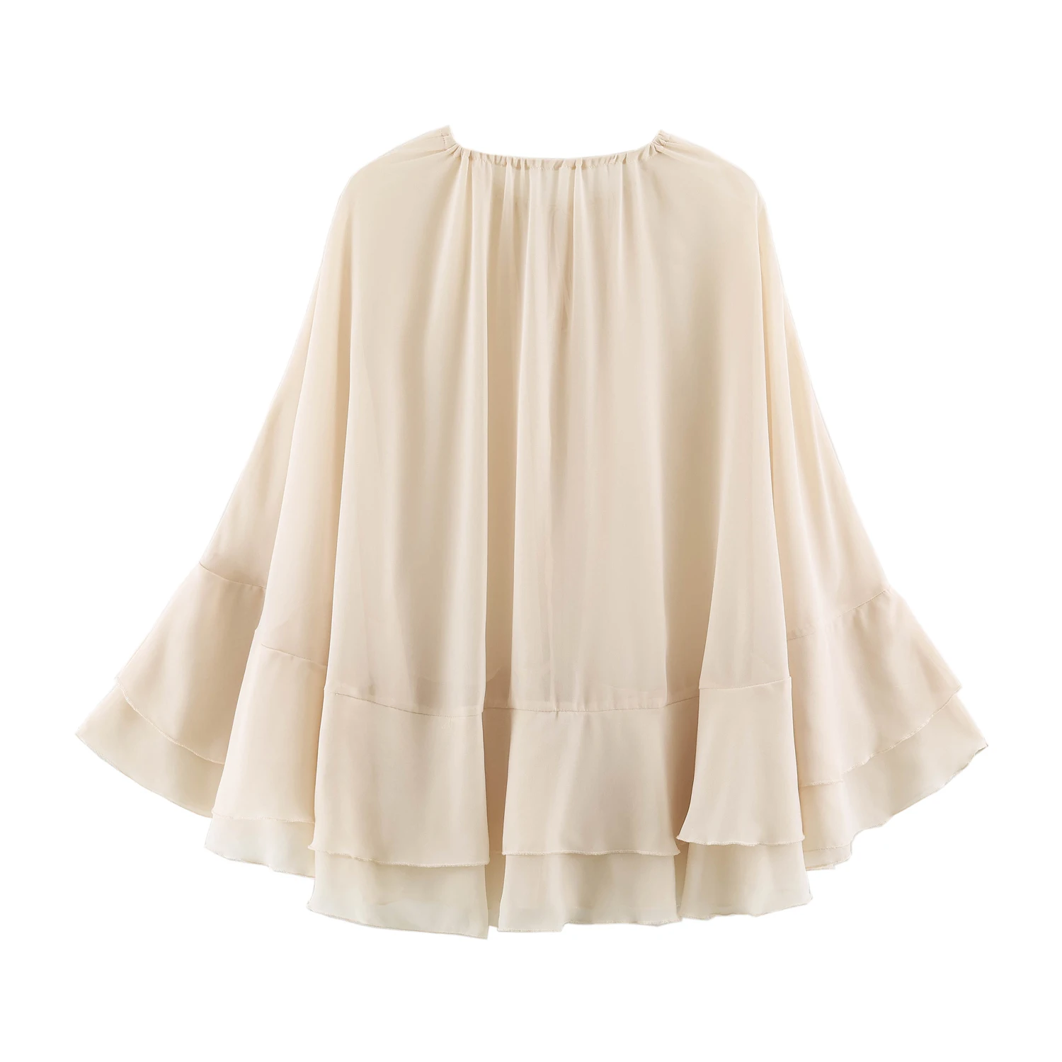 BSAY 2026 Women's Summer Boho See Through Ruffled Cardigan With Drawstring Tie Neck Flared Bell Sleeve Beach Cover Up Cape Shawl