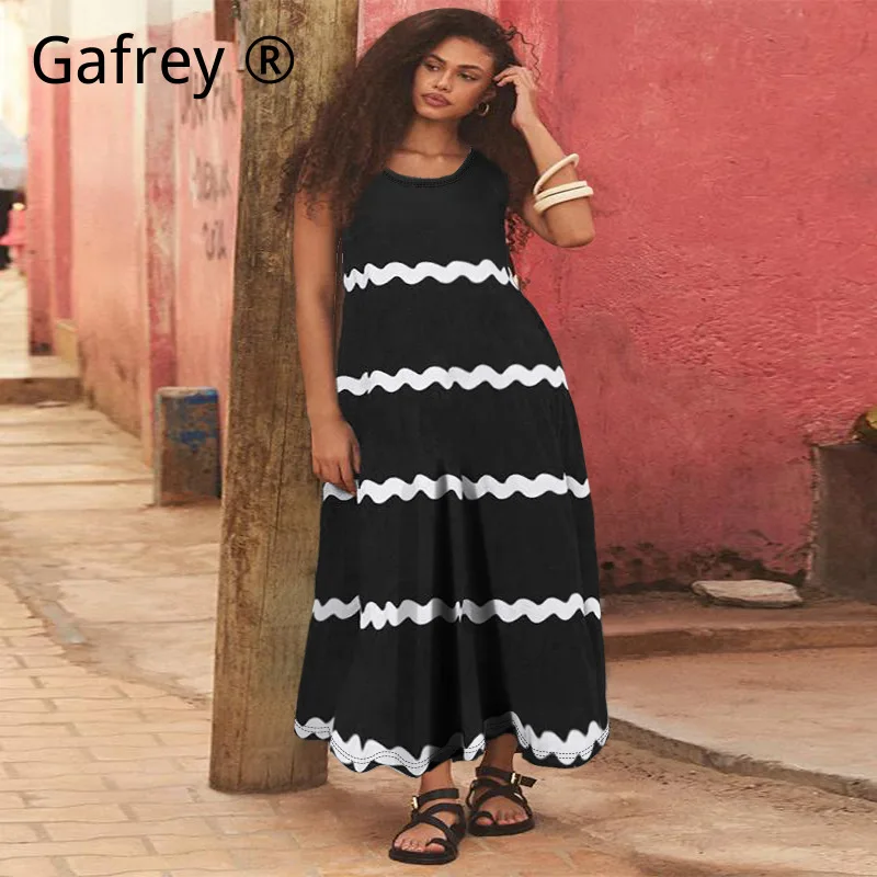 

Plus Size Women Sleeveless Striped Print Maxi Dress Casual Spaghetti Strap Long Dress Fashion Streetwear Soft Comfortable Outfit