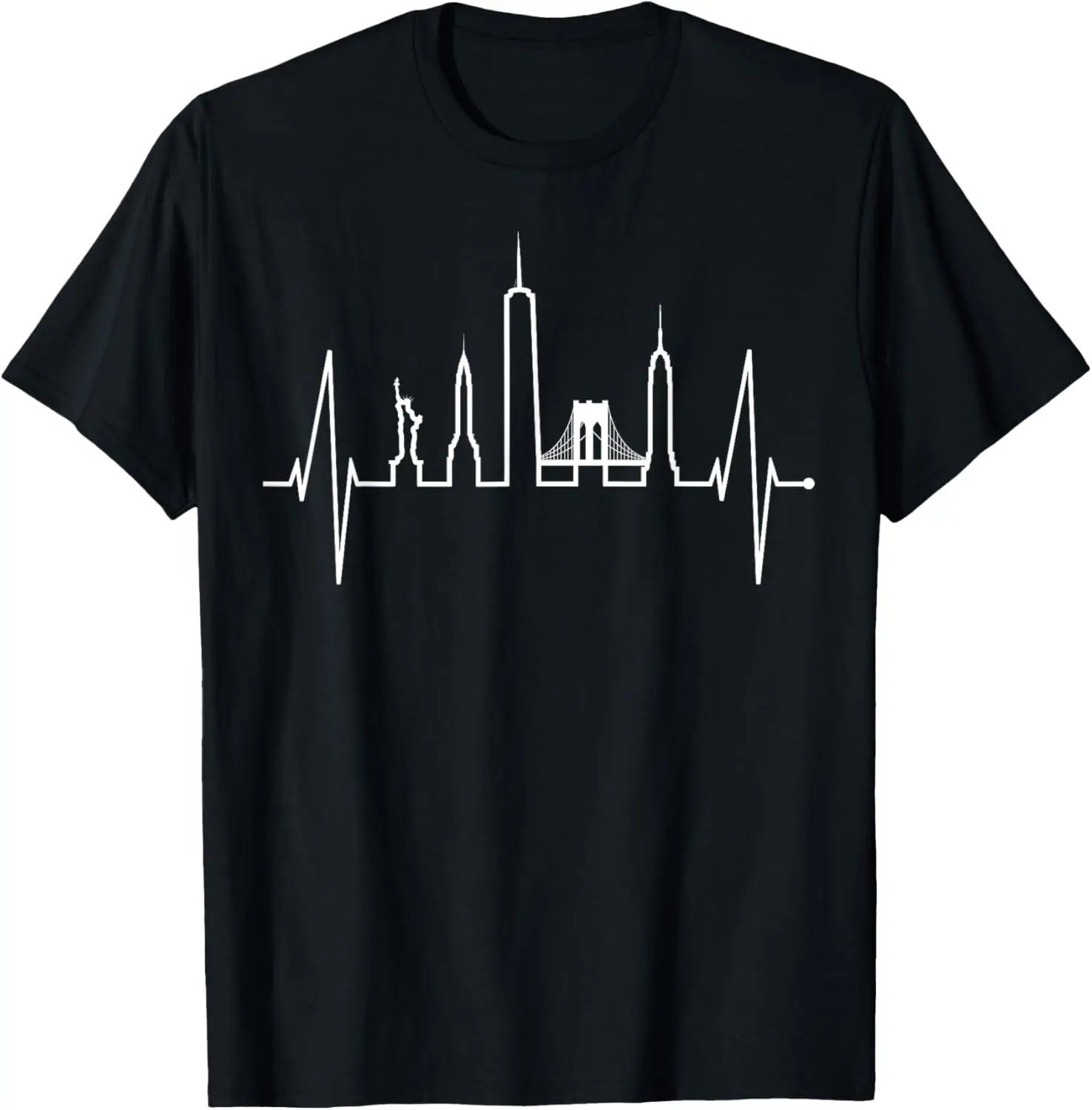 New York Skyline Heartbeat Statue of Liberty Men Cotton T-Shirt Casual Short Sleeve Crewneck Tee