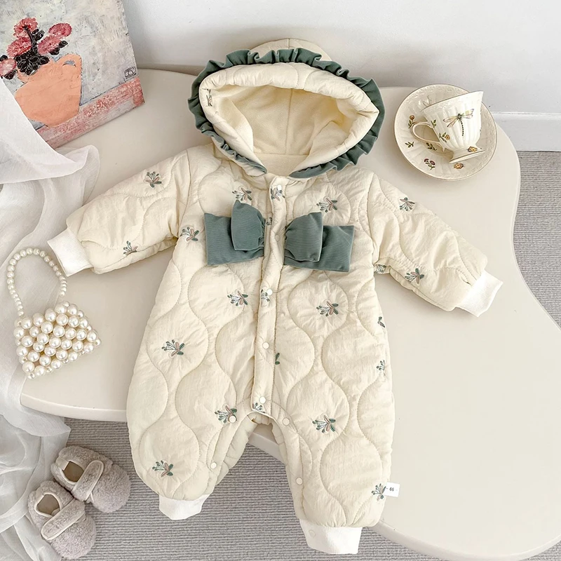 2025 New Winter 0-24M Children Clothes Toddler Baby Girl Thicken Warm Romper Long Sleeved Hooded Flower Embroidery Jumpsuit
