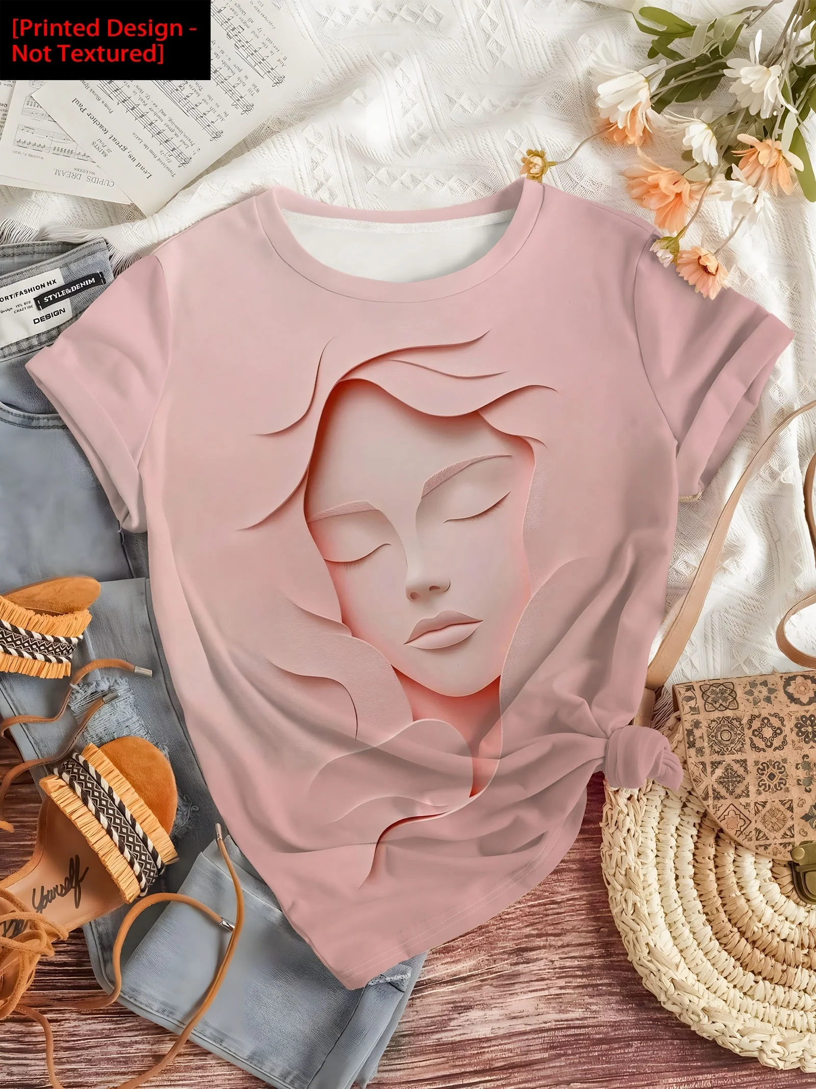 Women Short Sleeve T‑Shirt Abstract Paper Cut Style Lady Face Print Crew Neck Loose Casual Summer Tops