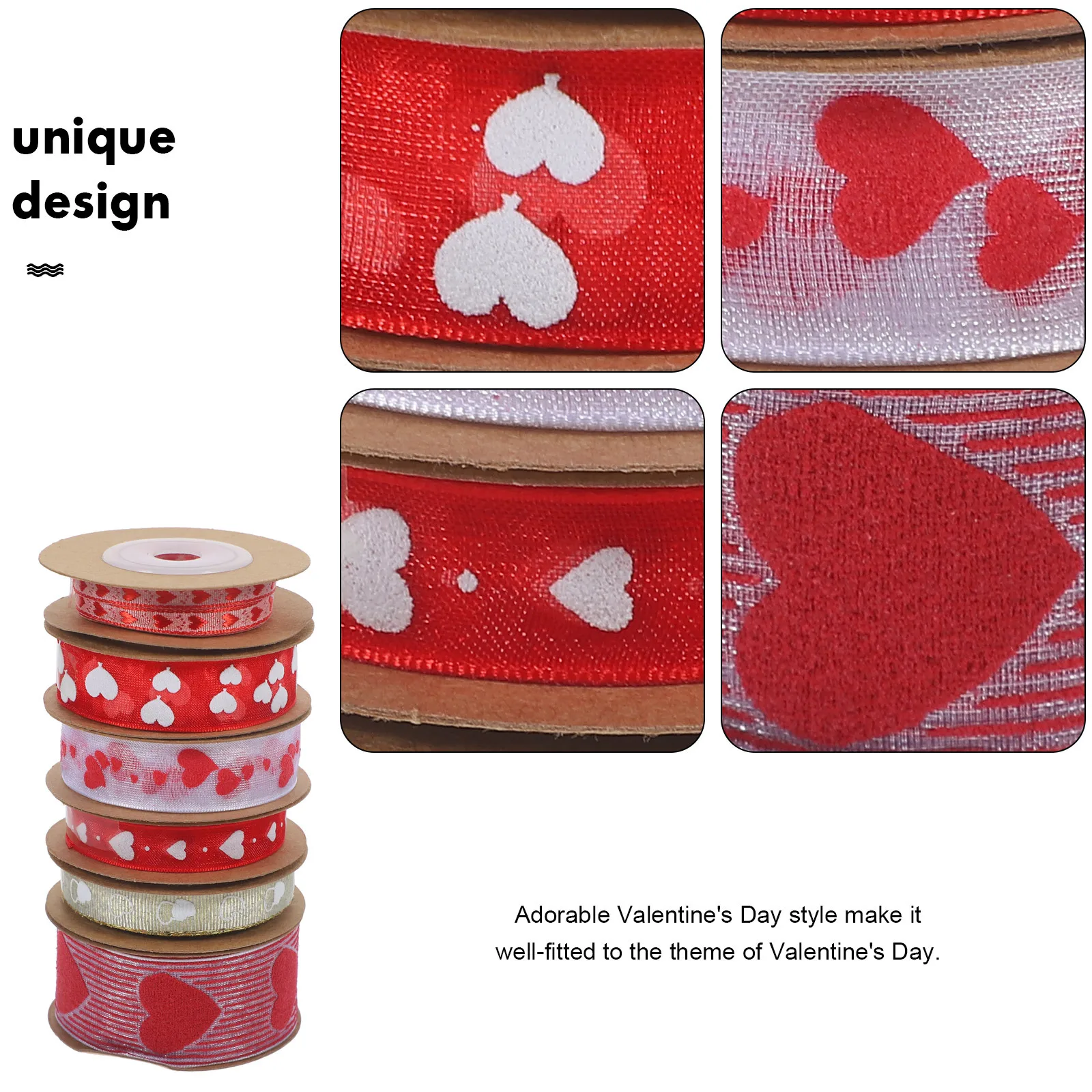 

6 Rolls Love Print Ribbon Valentine Wired White Wedding Valentine's Day Wrapping Polyester Thin Heart Valentines
