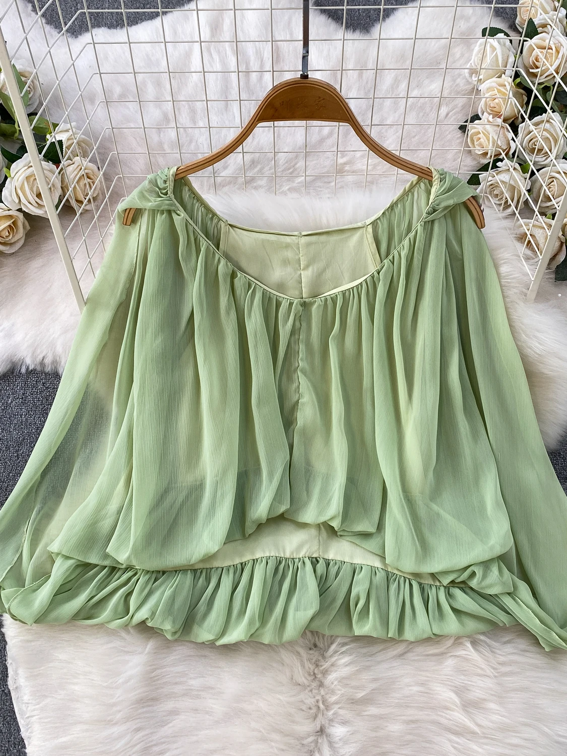 Elegant One-Shoulder Long-Sleeve Chiffon Blouse Pleated A-Line Midi Skirt Two-Piece Set Summer Fashion Commute Style Pure Color