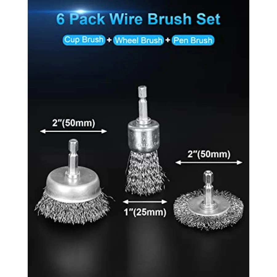 6 Pack Carbon Steel Wire Wheel and Pen Brush Set with 1/4-Inch Hex Shank for Rust Removal, Corrosion and Scrub Surfaces