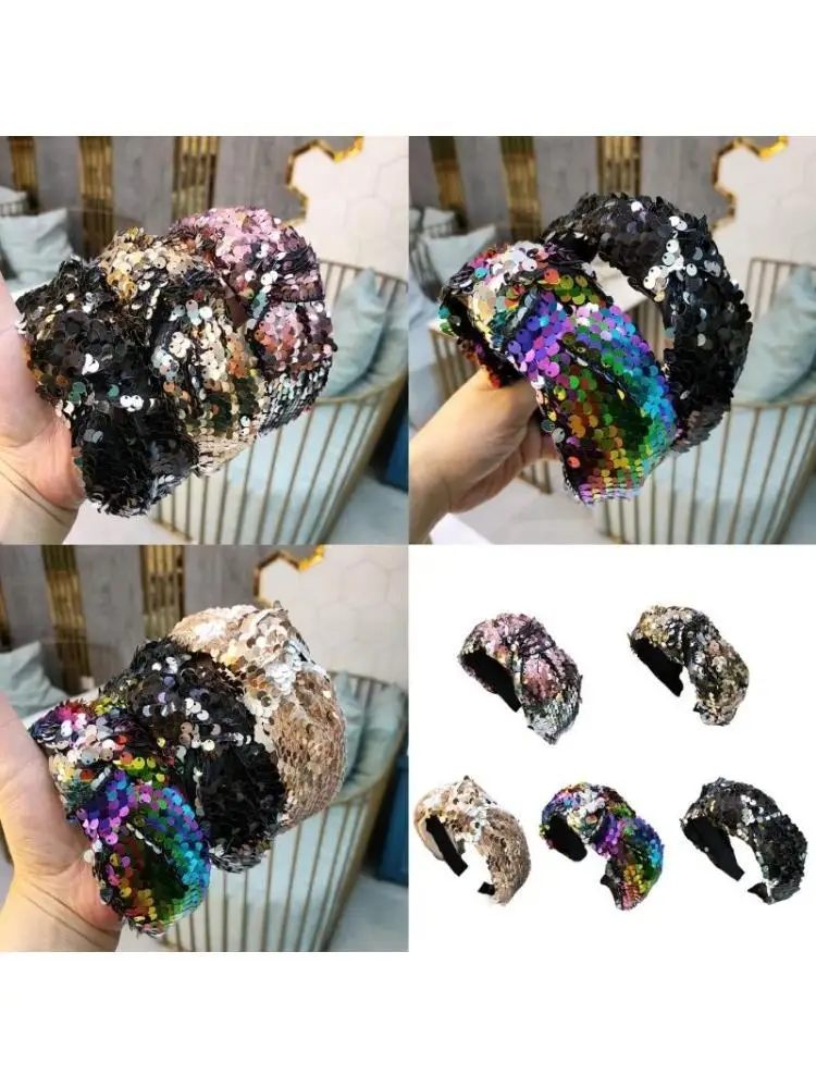 

652F завязанная повязка на голову для женщин, модный обруч для волос с блестками, тюрбан с высоким черепом, винтажный блестящий