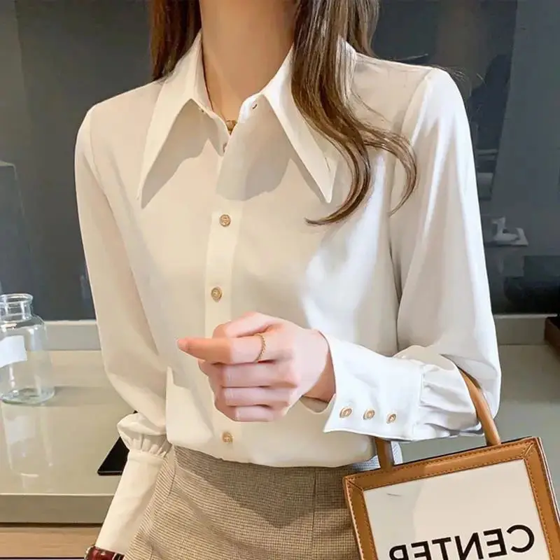 

Fashion Lapel Button Solid Color All-match Chiffon Shirt Women's Clothing 2022 Autumn New Casual Tops Loose Office Lady Blouse