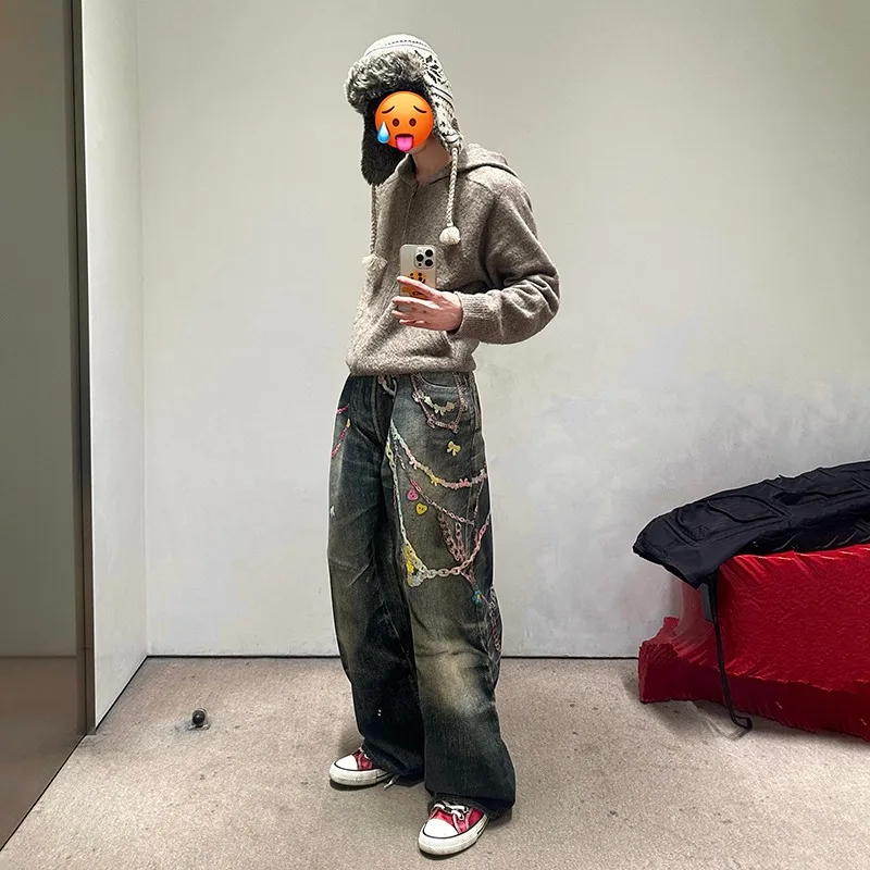 

Pants Chain Jeans Washed Old Casual Straight Wide-leg Pants Jorts 2000 Y2k Clothes Mens Jeans for Man Japanese 2000s Y2k Shorts
