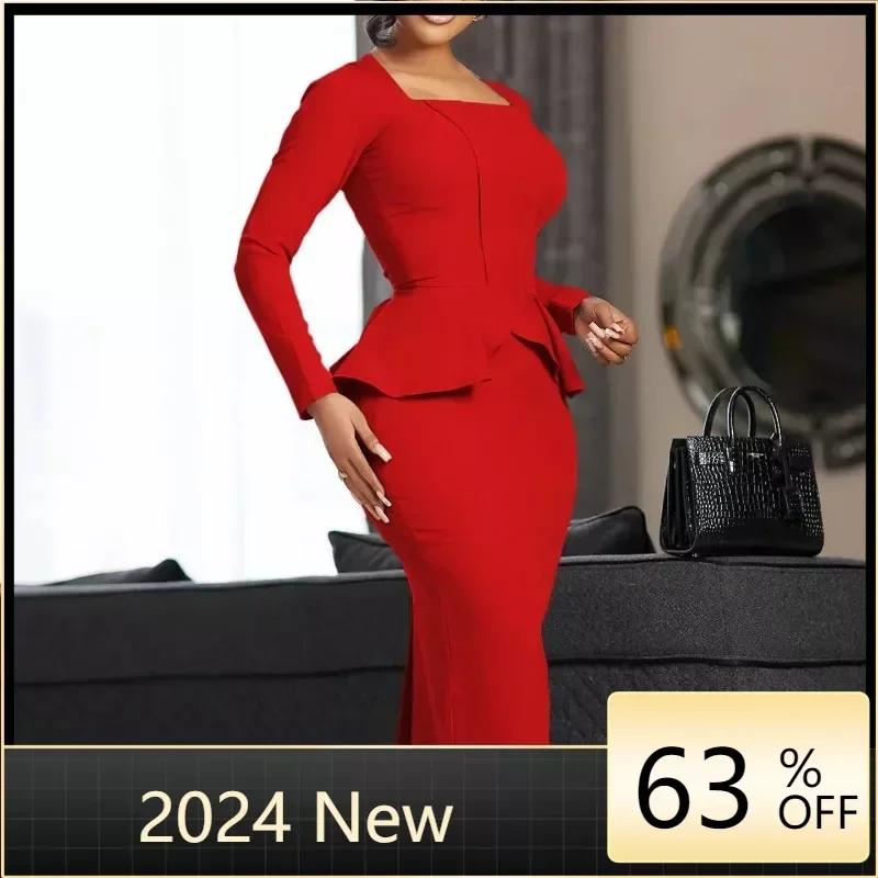 

Plus Size Autumn And Winter New Long Sleeved Fashionable Commuting Temperament Elegant Ruffled Square Neckline Pencil Dress