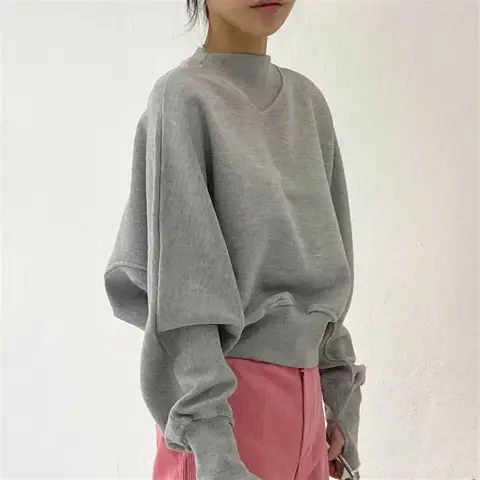 Felpe corte aderenti in vita alla moda Donna Autunno Harajuku Pullover oversize casual Lady Felpe girocollo a maniche lunghe grigie