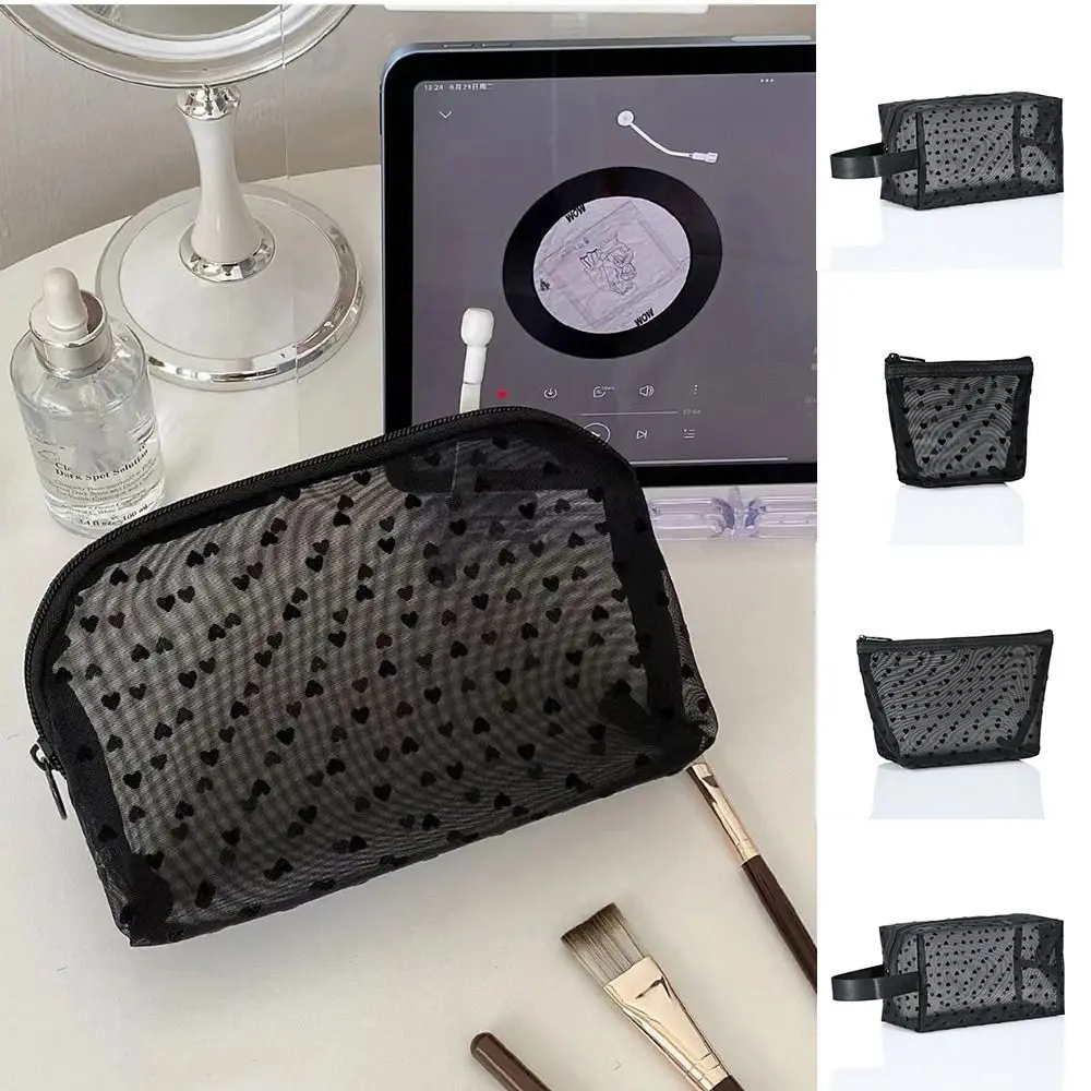 Cute Wave Point Love Heart Mesh Makeup Bag Zipper Storage Bag Transparent Cosmetic Bag Toiletry Bag Organizer Case Outdoor
