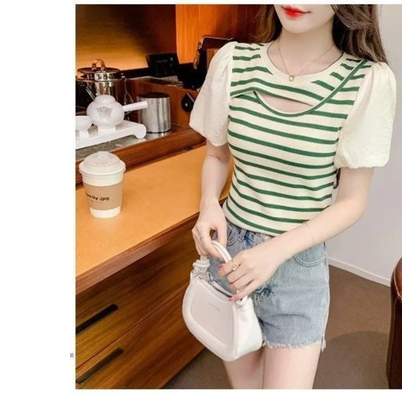 Women\'s Round Neck Summer Striped Puff Short Sleeve Screw Thread Contrast Color T-shirt Sweater Knitted Casual Elegant Tops