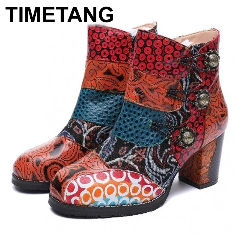 Vintage Splicing Printed Ankle Boots For Women Shoes Woman Genuine Leather Retro Block High Heels Women Boots 2023 New