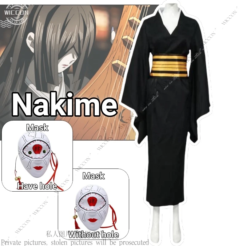 Nakime-Disfraz de Cosplay de Anime para hombre y mujer, traje de máscara de Kimono, uniforme negro de Halloween, Moons de demonio, trajes de RolePlay, Carnaval