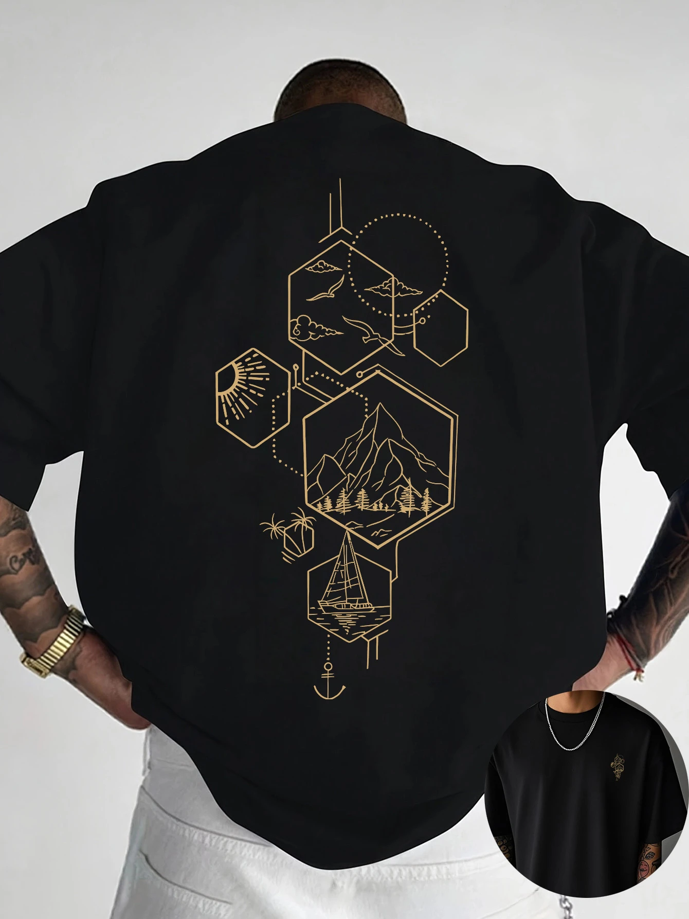 Geometric Hexagon Mountain Sailboat Line Art Back Print T Shirt Outdoor Travel Minimal Oversized Cotton Tee