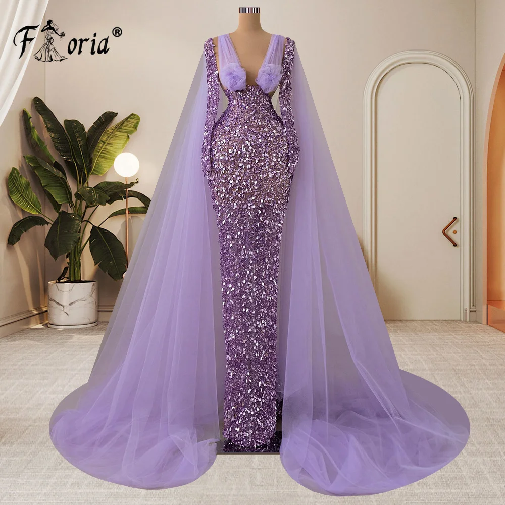 Frisado lantejoula bainha vestidos de noite com capa de tule, Luxo brilhante Dubai Prom Party Dress, Custom Made