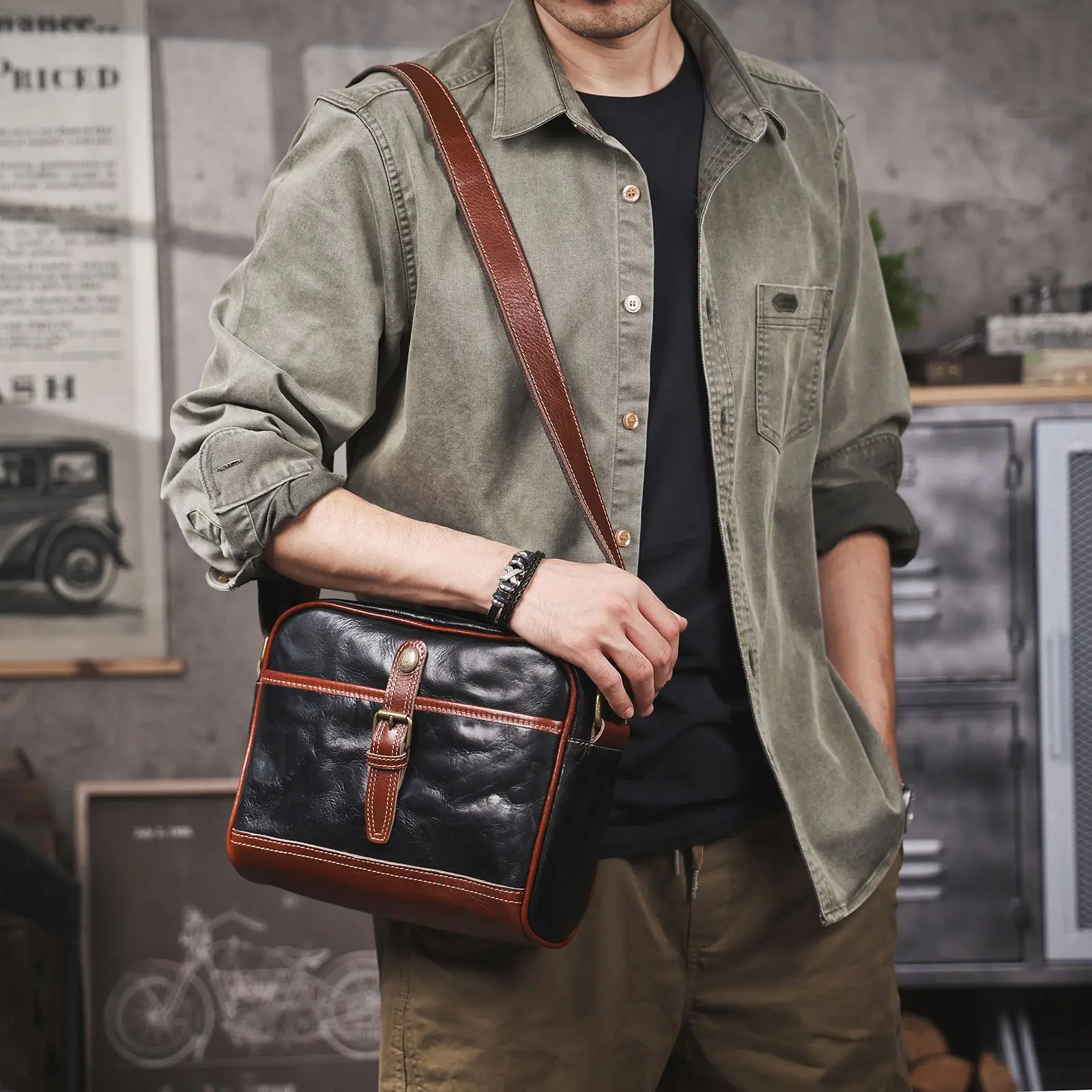 fashion vintage first layer cowhide men's black shoulder bag casual luxury handmade real cow leather travel crossbody bag