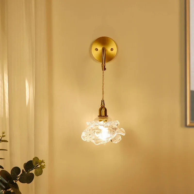 Retro Simple Wireless Charging Wall Lamp Restaurant Porch Balcony Bay Window Aisle Brass Glass Lotus Leaf Modeling Wall Lights