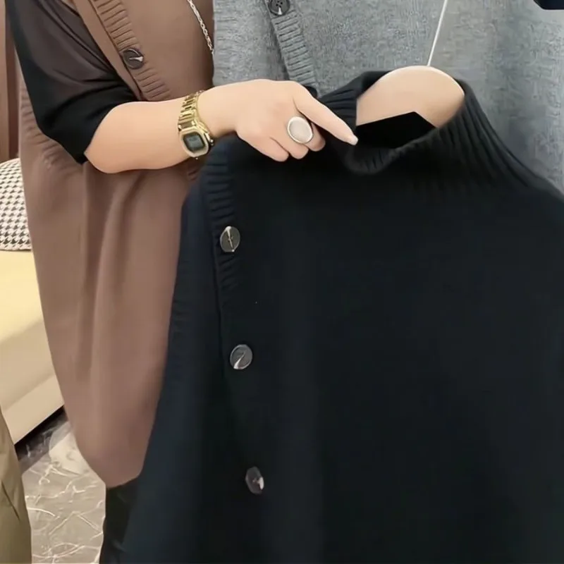 سترات نسائية طويلة بدون أكمام سترات كلاسيكية غير منتظمة بأزرار مقسمة ملابس خارجية بلوفرات أنيقة سترات فضفاضة ذات ياقة مدورة #4