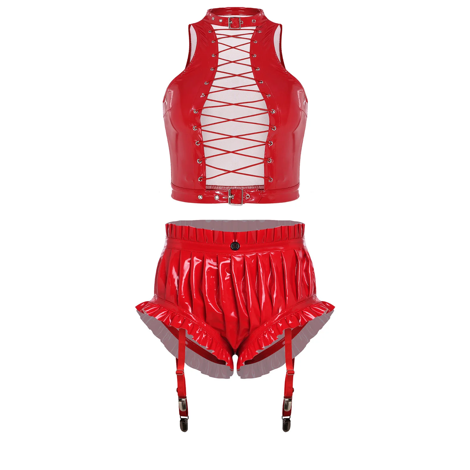 

Женский комплект нижнего белья для рейв-клубов и танцев на пилоне: укороченный топ на косточках с кружевной шнуровкой и рюшами, шорты-брильяны с резинками для чулок