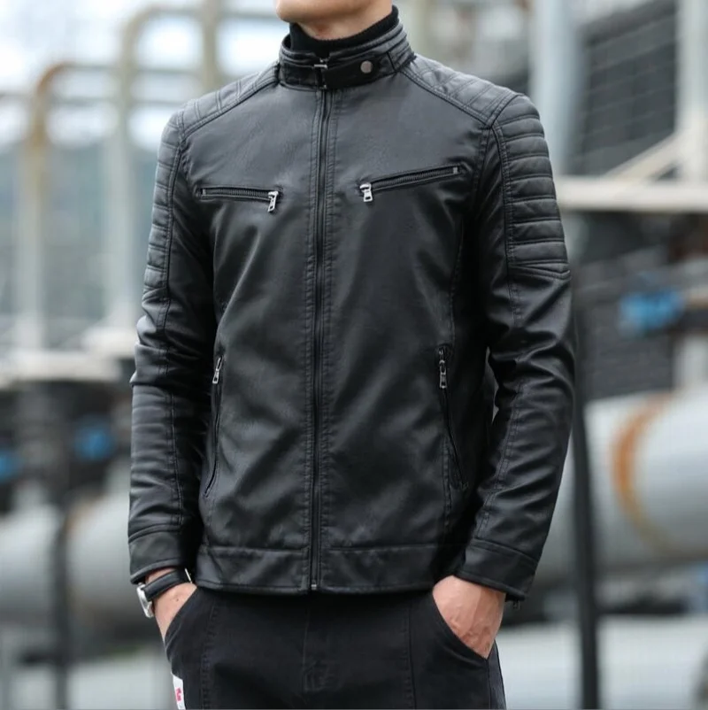 

Stand Collar Casual Handsome Leather Jacket Men's Jacket Trendy Spring New Retro Coat Motorcycle British Style Leather Jacket