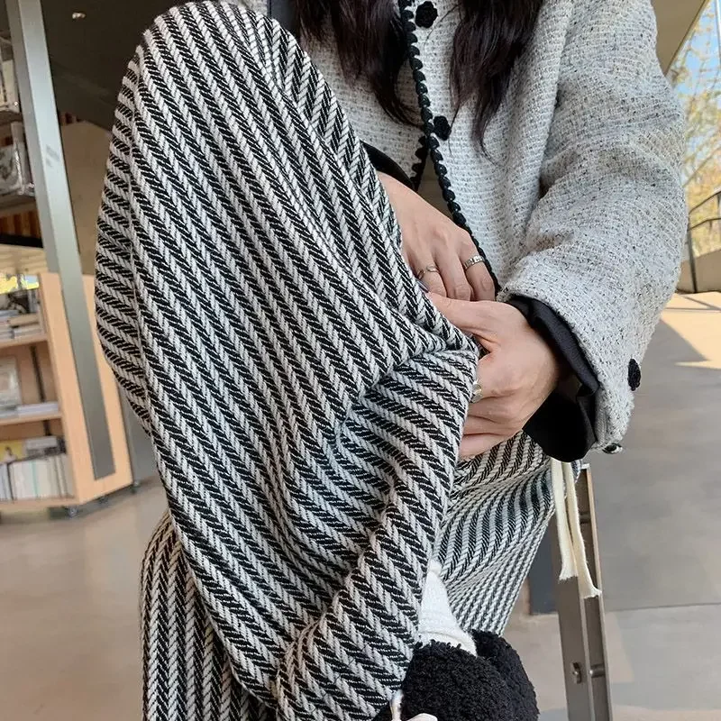 High-Waisted Vertical Stripe Woolen Pants Women's Casual Vintage Straight-Leg Bell Bottoms Spring Autumn 2024 New Style