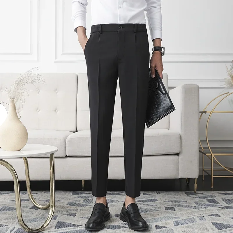 Pop Slim Straight Non-iron Dress Pants Men Business Casual Little Feet Suit Pants Classic Black Apricot Dark Gray Male Trousers - Image 5