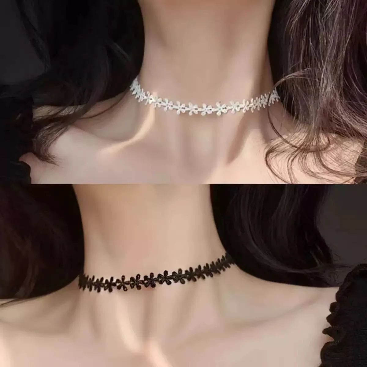 Floral Lace Choker Necklace, Minimalist Short Clavicle Chain Neck Jewellery for Women, Black White Colour Options