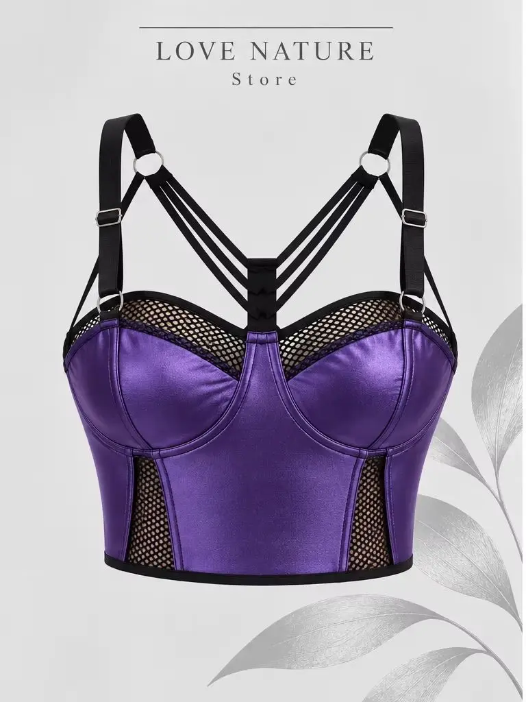 【LOVE NATURE Store】Women's Sexy Purple Satin Corset Crop Top, Strappy Mesh Bustier with Adjustable Straps, Y2K Party Clubwear