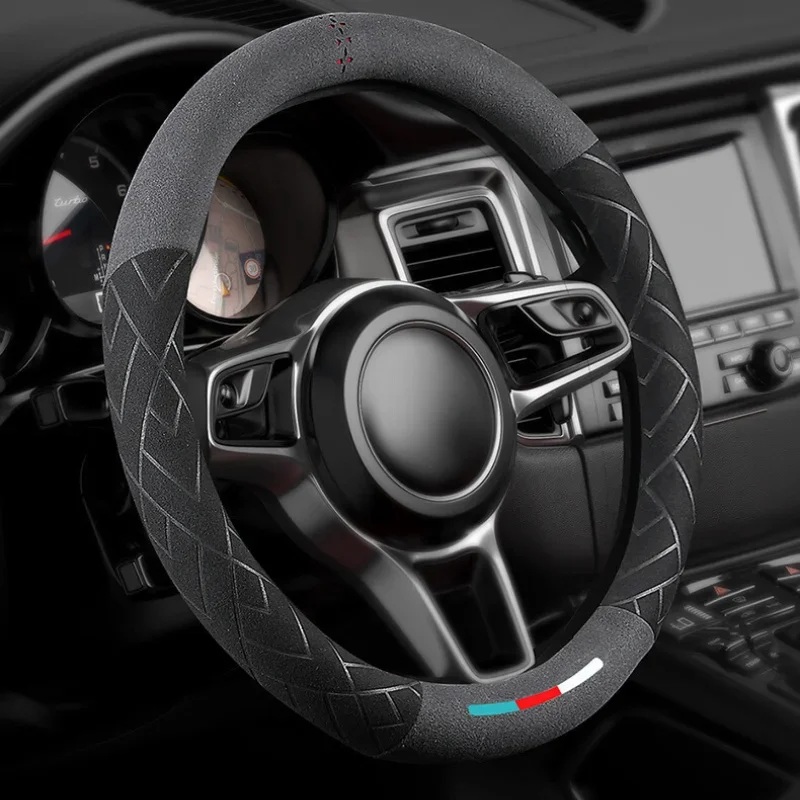 Car Steering Wheel Covers Cowhide Suede Steering Wheel Cover Wrap Universal 37-38cm Breathable Steering Covers Car Accessories