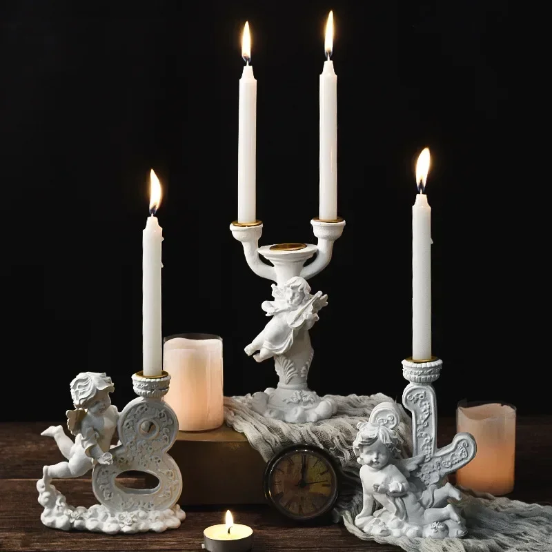 

Resin White Vintage Cupid Digital Candlestick Figurines Nordic Lovely Angel Candle Holder Home Atmosphere Decorations