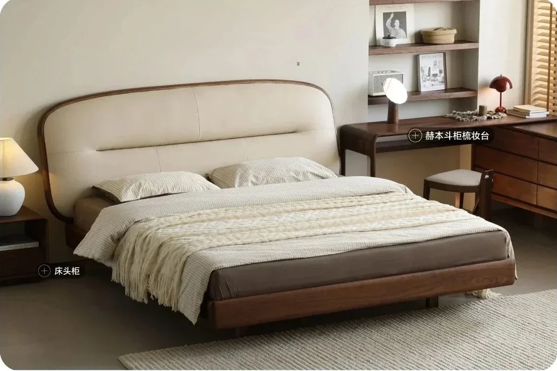 A  Black walnut pure solid wood   1.8 meters double  modern simple leather soft bag bed suspended master bedroom bed