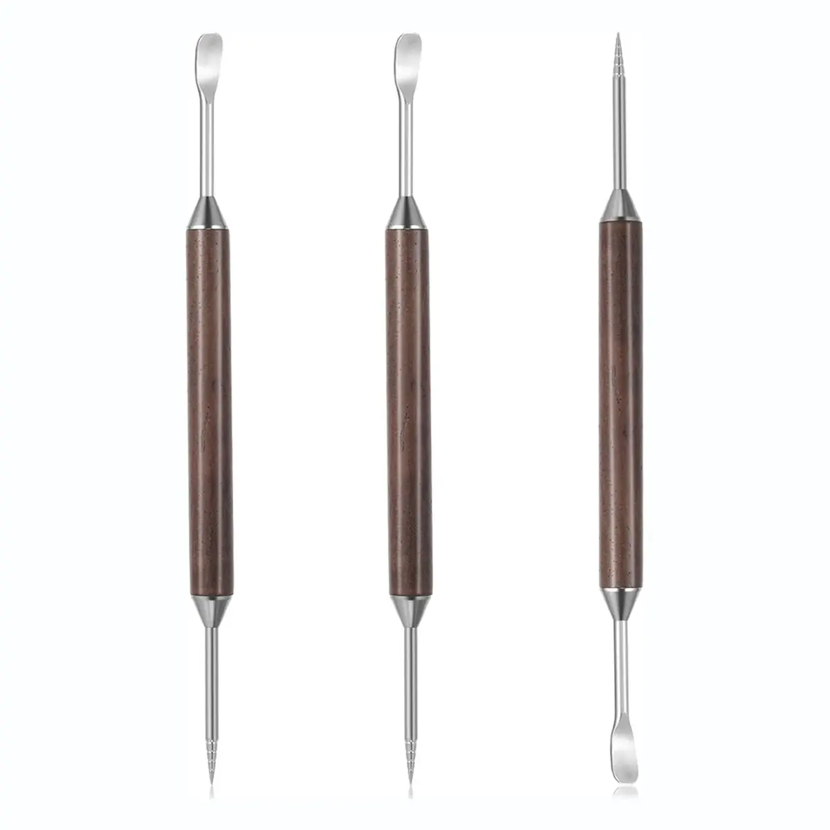 A179P ~3-Pack Double-Ended Latte Art Pen, Stainless Steel Coffee Drawing Tools with Wood Handle for Espresso Designs